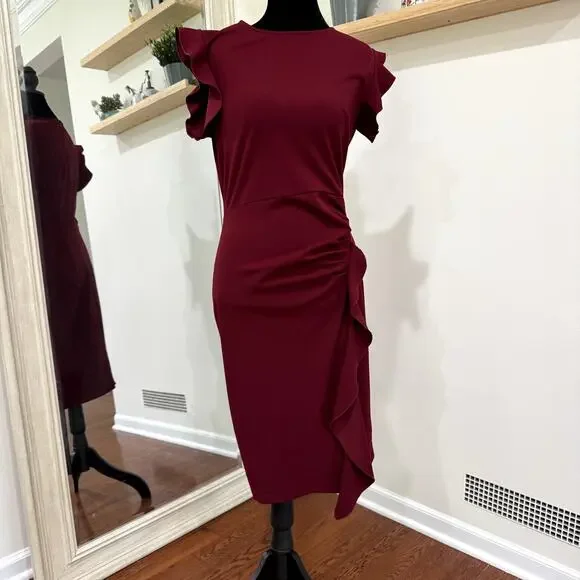 Beautiful EUC Maroon Knee-Length Dress with Flattering Ruffle Size Medium - Picture 1 of 5